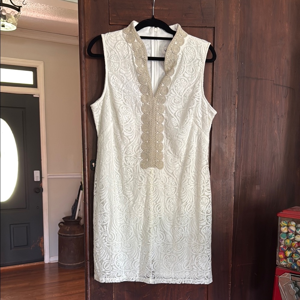 Eliza J Cream Lace Dress with Gold Detailing Size 14